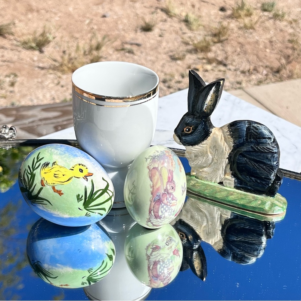 Easter Decor Vignette, Painted Ceramic Eggs x 2, Wooden Bunny, Germany Egg Cup